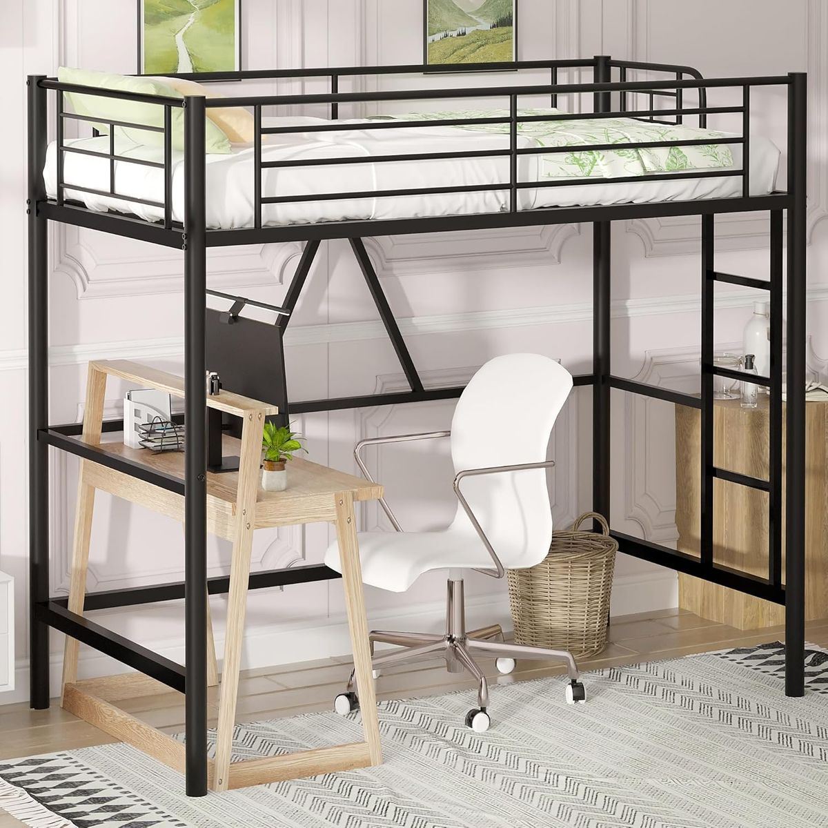 sturdy metal loft (bunk) bed - twin w/ mattress (used by remote worker for extra desk space)