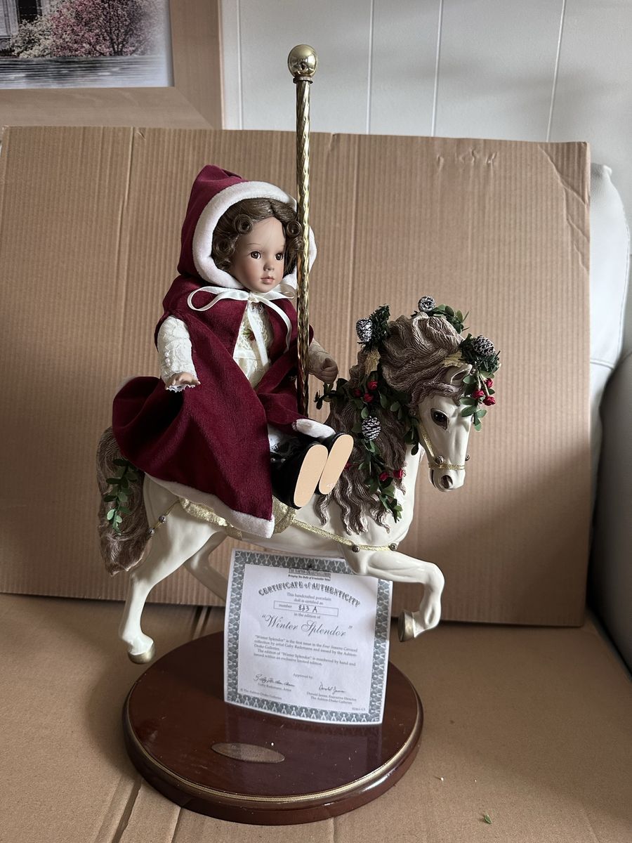 Ashton-Drake four season Vintage Porcelain Carousel Horse Doll Set with Extra Dolls & Stand 