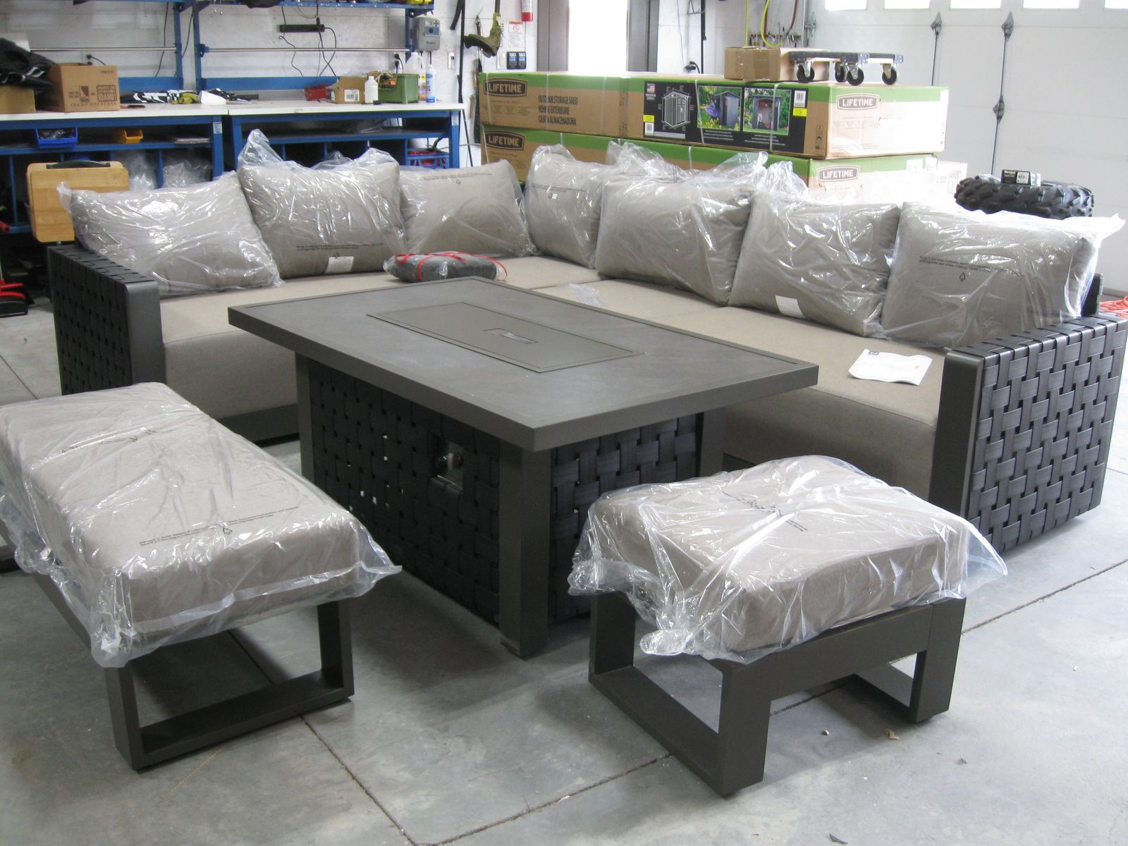 New Member’s Mark Patio Deck Brenton Sectional Set, Fire Coffee Table 7pc