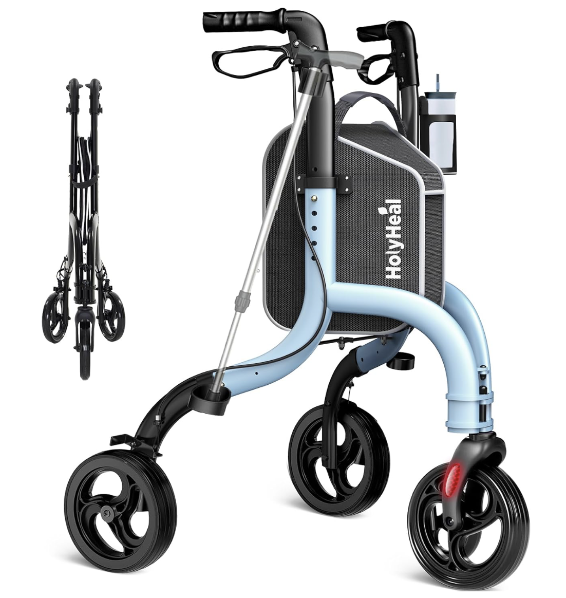 HolyHeal 3 Wheel Walkers. Lightweight Walker. Foldable, Cane Hold & Cup Hold, Height Adjustable, Aluminum  Mobility Aid - Blue