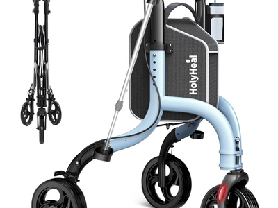HolyHeal 3 Wheel Walkers. Lightweight Walker. Foldable, Cane Hold & Cup Hold, Height Adjustable, Aluminum Mobility Aid - Blue