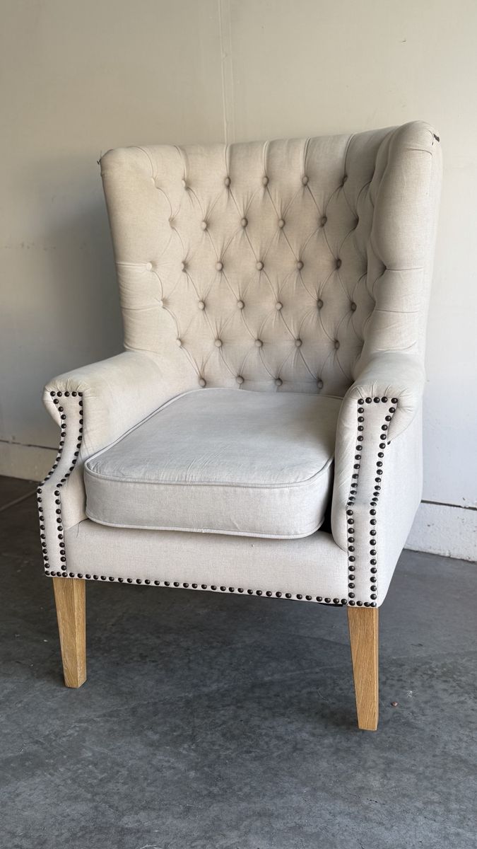 Tufted Wingback Accent Chair with Nailhead Trim and Light Fabric