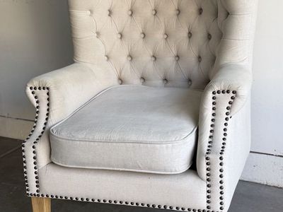 Tufted Wingback Accent Chair with Nailhead Trim and Light Fabric