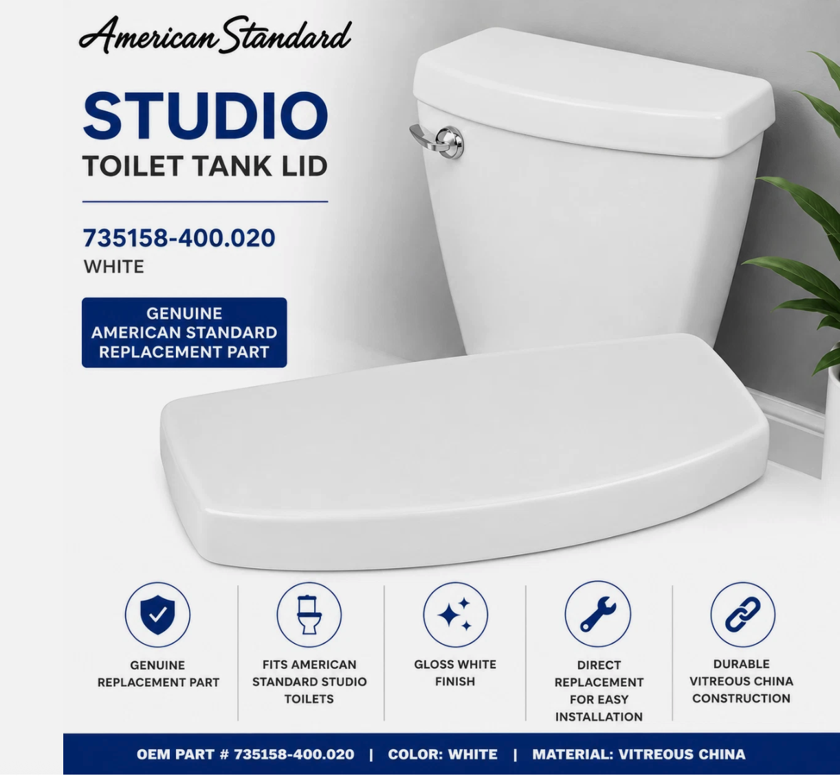American Standard 735158-400.020 Studio Toilet Tank Lid White Genuine OEM NEW