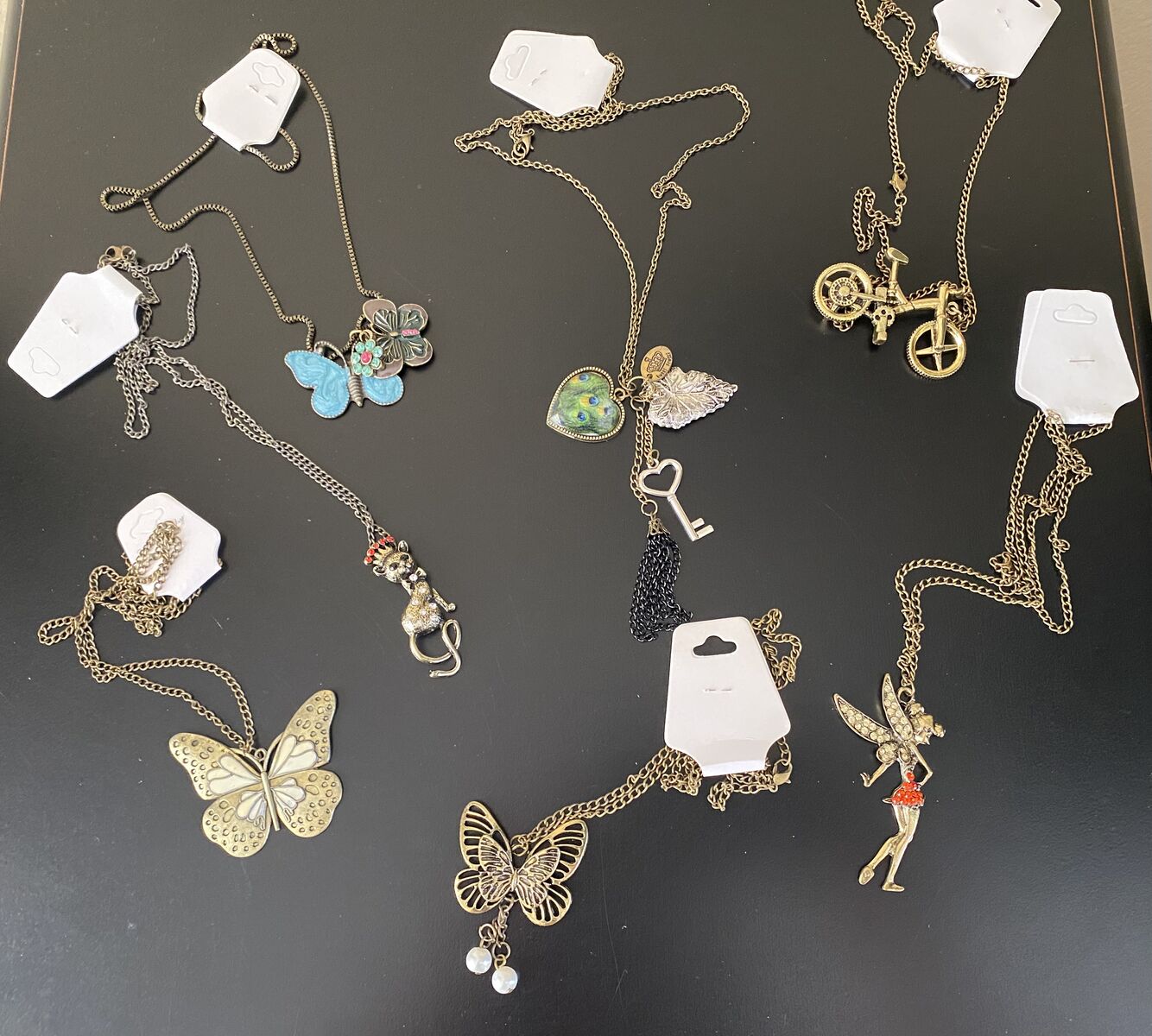 NEW - Fun Long Necklaces Butterfly’s-Tinkerbell-Bike-Key-Flowers-Cat w/Crown-2/$20 More C PICS