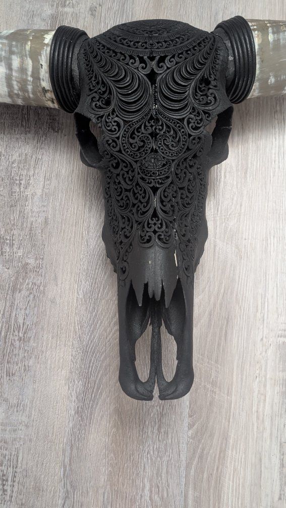 Ornate Black Longhorn Skull Wall Decor with White Horns