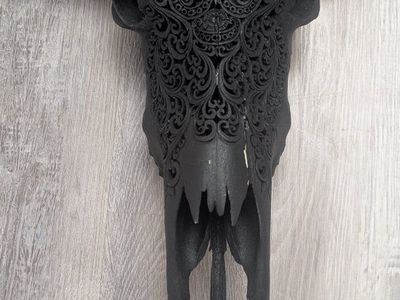 Ornate Black Longhorn Skull Wall Decor with White Horns