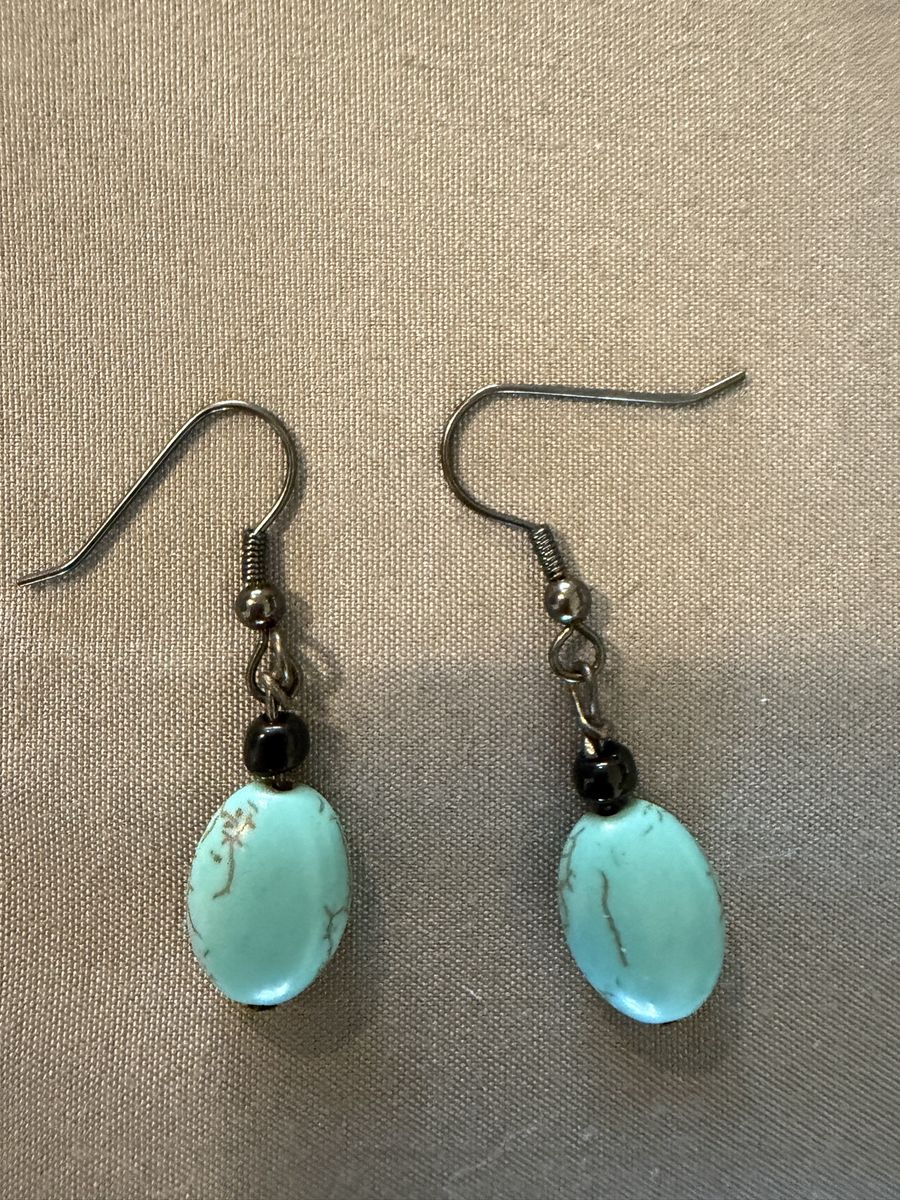 Turquoise Oval Drop Earrings - Natural Stone & Black Bead Accents, Fishhook Dangle Style