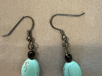 Turquoise Oval Drop Earrings - Natural Stone & Black Bead Accents, Fishhook Dangle Style