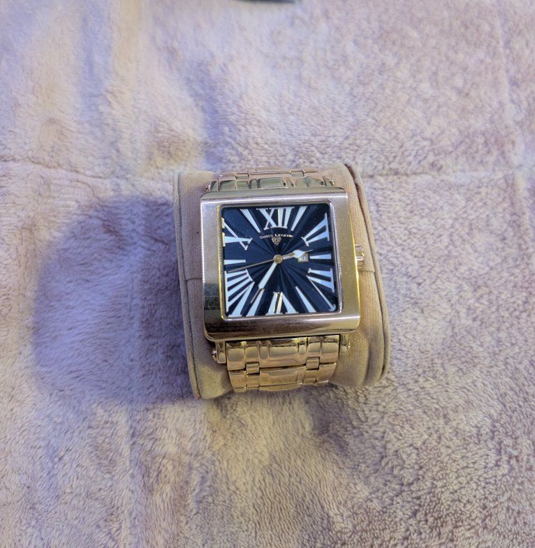 Swiss Legend Gold-Tone Rectangular Black Dial Watch with Roman Numerals