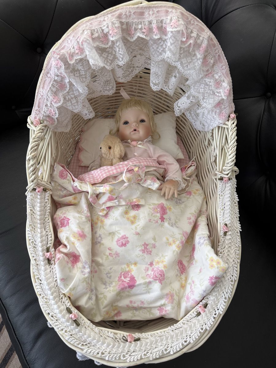 Vintage Porcelain Doll and Wicker Bassinet with Hood Pink Floral Bedding and Lace Trim