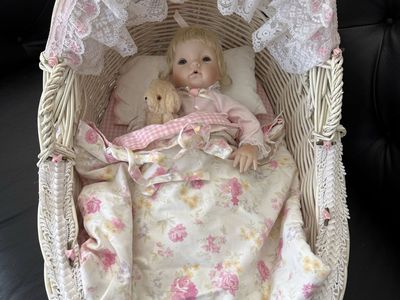 Vintage Porcelain Doll and Wicker Bassinet with Hood Pink Floral Bedding and Lace Trim