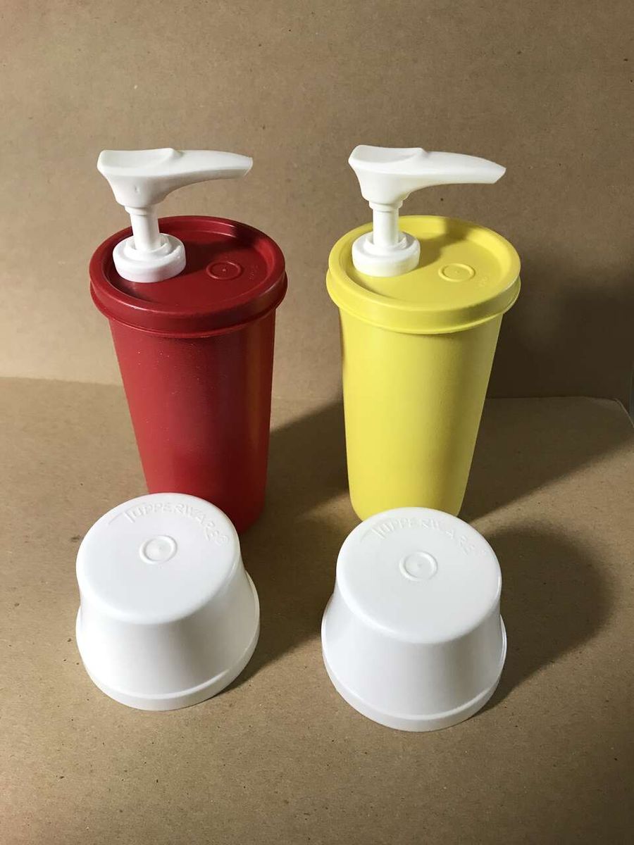 Vintage Tupperware Ketchup & Mustard Condiment Pump Dispensers Red, Yellow and White Colors
