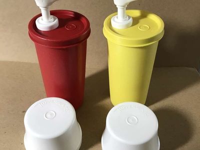 Vintage Tupperware Ketchup & Mustard Condiment Pump Dispensers Red, Yellow and White Colors