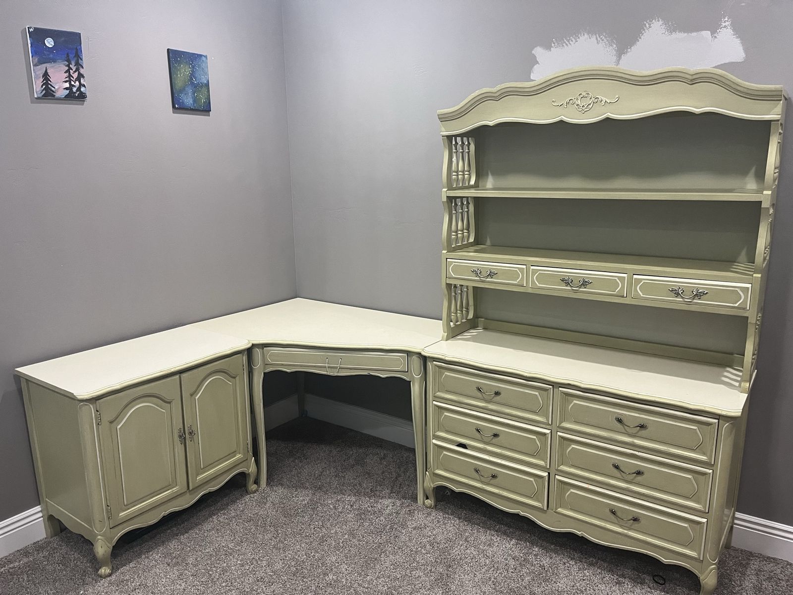 Vintage French Provincial L-Shaped Corner Desk with Hutch and Storage Cabinet and twin bed set  - Sage Green