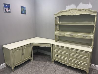 Vintage French Provincial L-Shaped Corner Desk with Hutch and Storage Cabinet and twin bed set - Sage Green