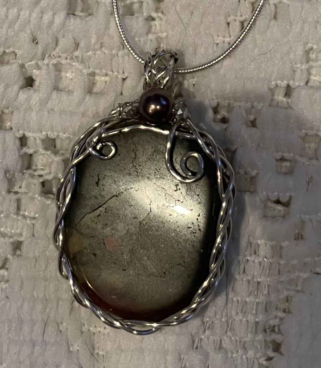 Handmade Wire Wrapped Bloodstone Pendant Necklace with Pearl Accent - Unique Stone Jewelry