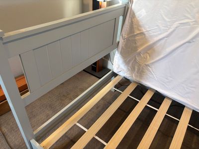 Lightweight TWIN wood slat bed with new mattress cover and new topper + Never Used