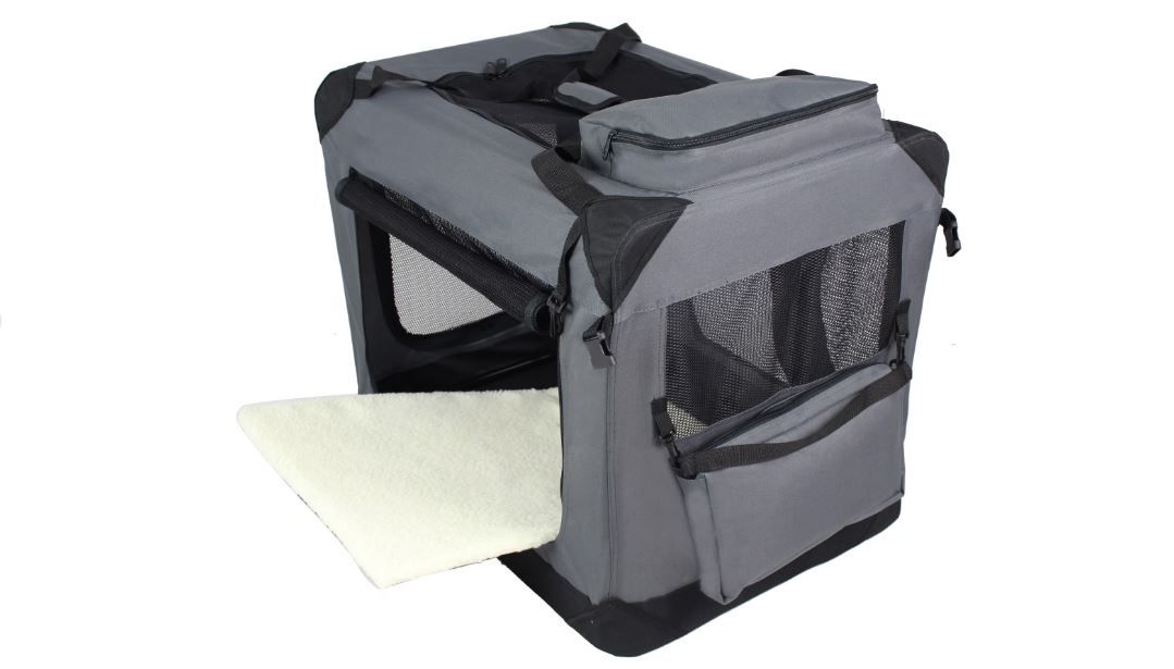 NEW! 3-Door Folding Soft Dog Crate w/Carrying Bag & Fleece Bed - Gray 42”L x 28”W x 32”H