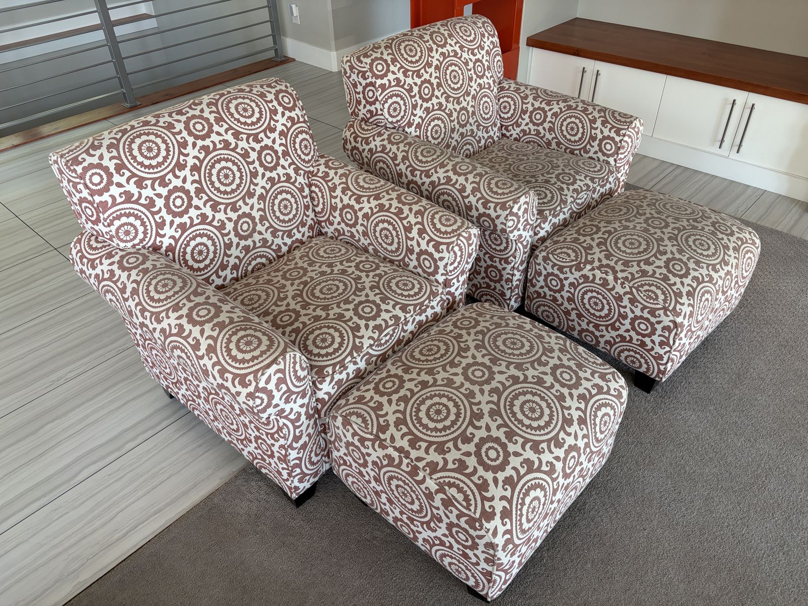 Set of 2 Patterned Armchairs with Matching Ottomans