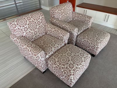 Set of 2 Patterned Armchairs with Matching Ottomans
