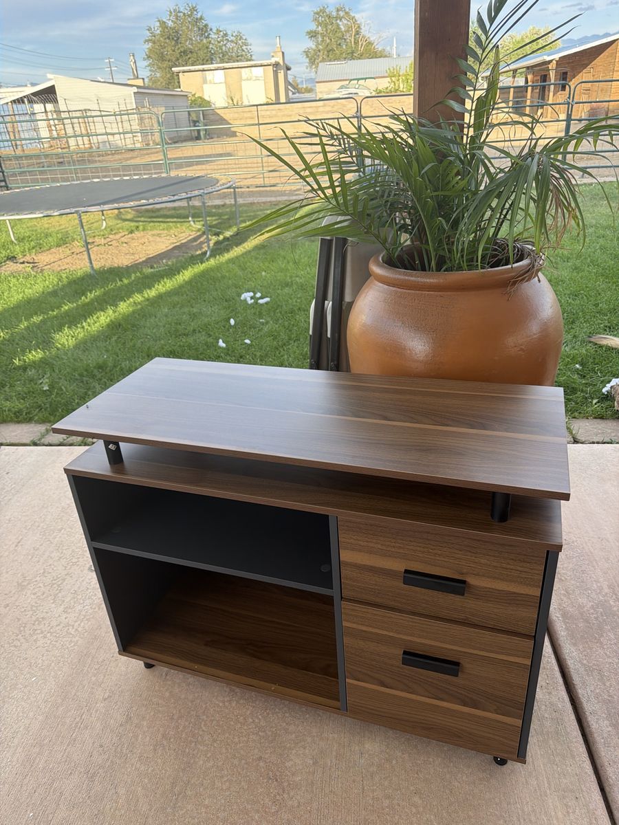 Modern Wood Grain desk with Open Shelving and Two Drawers