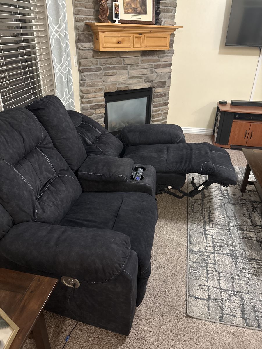 Comfortable Dark Gray Electric Reclining Living Room Set with USB Ports & Adjustable Headrests