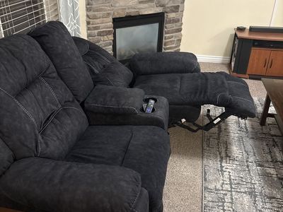 Comfortable Dark Gray Electric Reclining Living Room Set with USB Ports & Adjustable Headrests