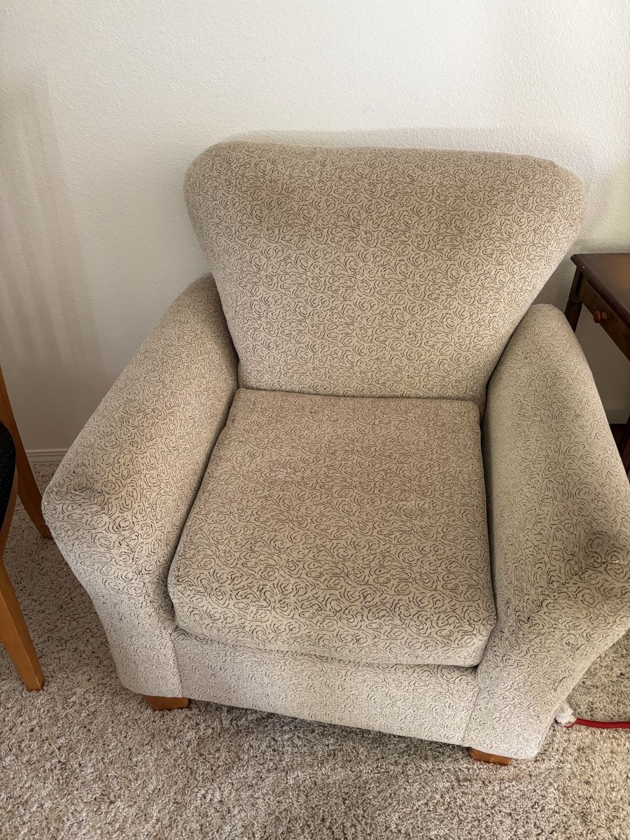 2 Comfortable Beige Fabric Armchairs with Swirl Pattern and Wood Feet