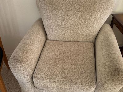 2 Comfortable Beige Fabric Armchairs with Swirl Pattern and Wood Feet