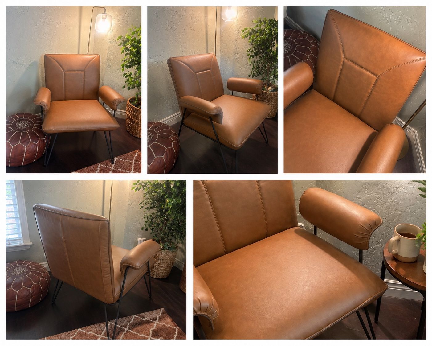 Mid-Century Modern Tan Faux Leather Accent Chair with Black Metal Legs