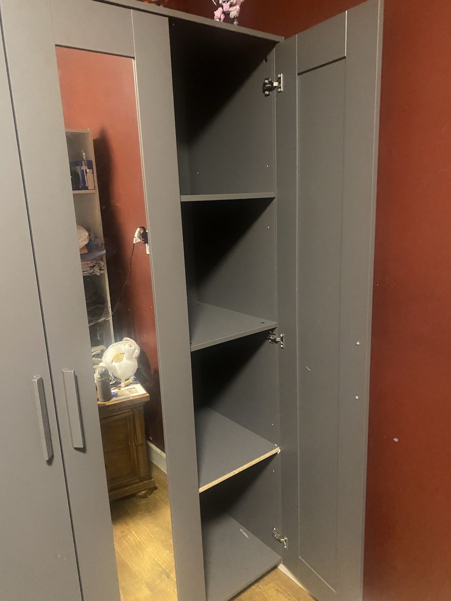Gray Modern 3-Door Wardrobe Armoire with Mirror and Shelves