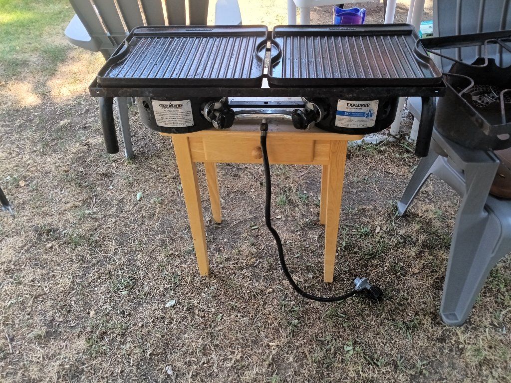 Camp Chef Explorer 2-Burner Outdoor Propane Stove and Cookamp 3-Burner Stove with Griddle Tops $50.00 for both. $25.00 each.