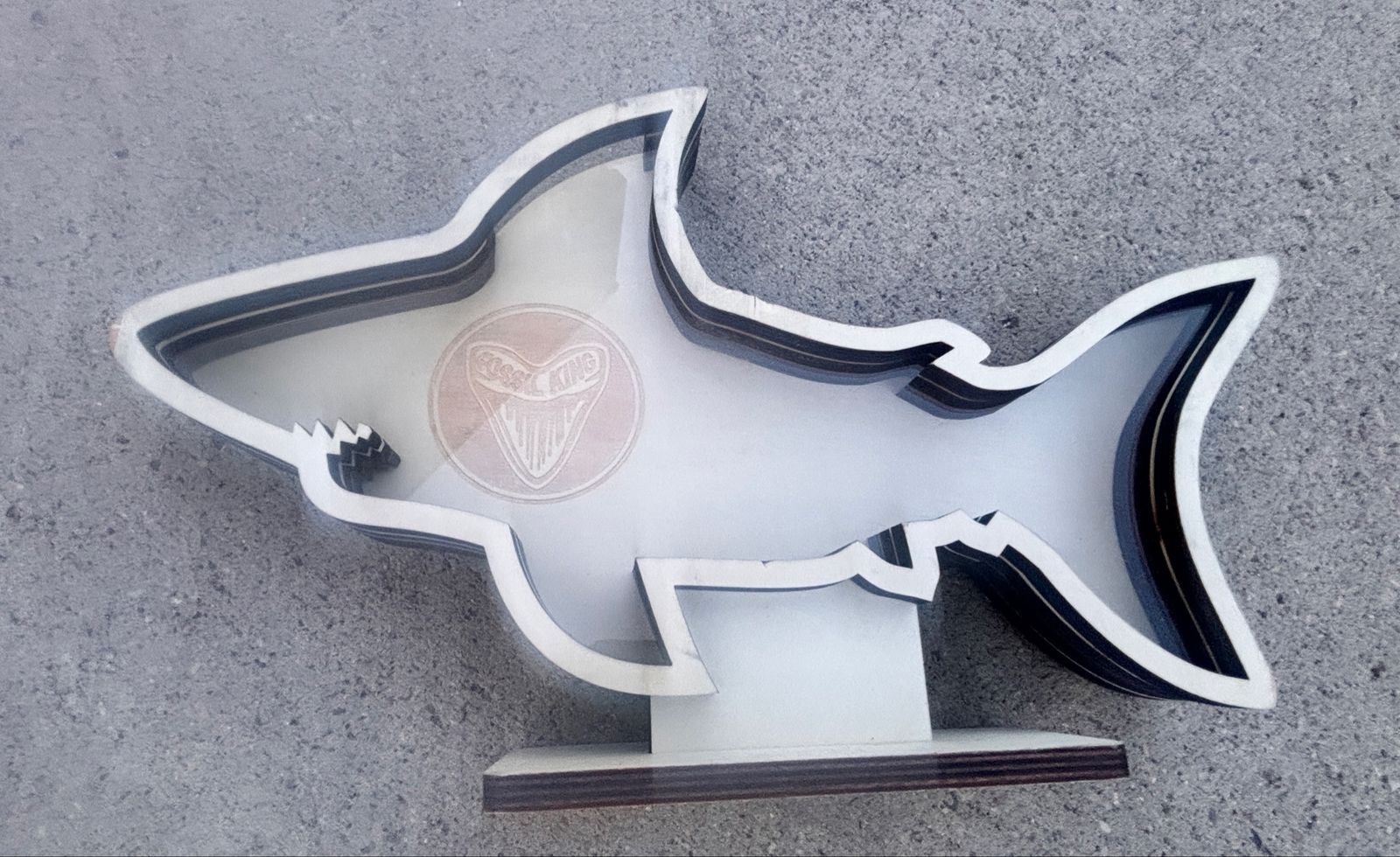 Custom Wooden Shark Shadow Box Display Stand with Fossil King Logo