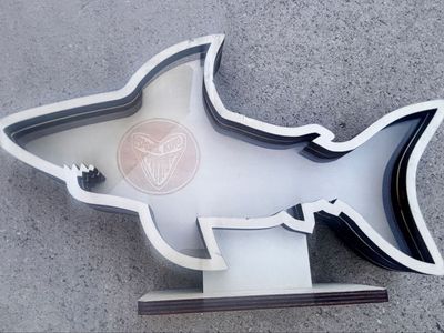 Custom Wooden Shark Shadow Box Display Stand with Fossil King Logo