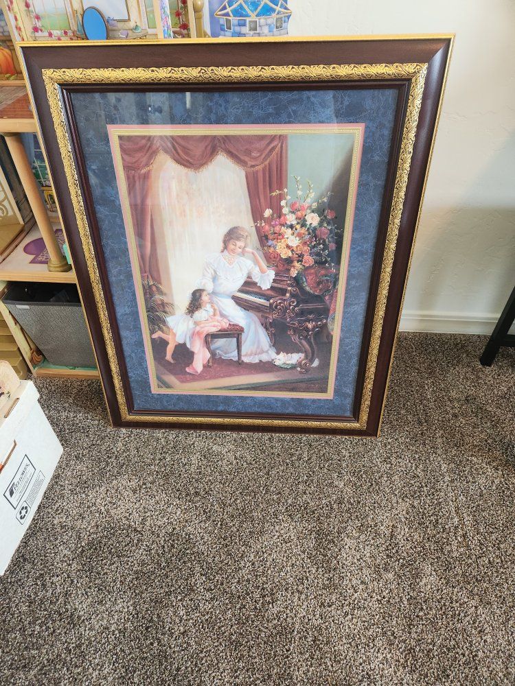 Home Interiors & Gifts Framed Art Print - Mother & Child Playing Piano, Gold & Wood Frame