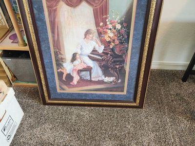 Home Interiors & Gifts Framed Art Print - Mother & Child Playing Piano, Gold & Wood Frame