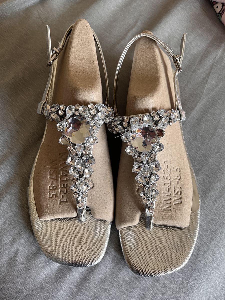 Silver Embellished Thong Sandals with Ankle Strap - Size 8.5 - Sparkle & Shine