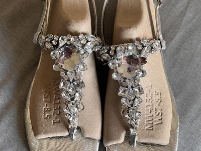 Silver Embellished Thong Sandals with Ankle Strap - Size 8.5 - Sparkle & Shine
