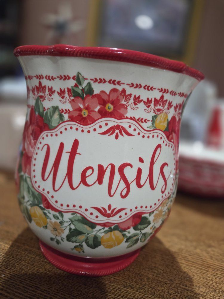 The Pioneer Woman Flea Market Floral Utensil Holder Crock Red Rim Stoneware