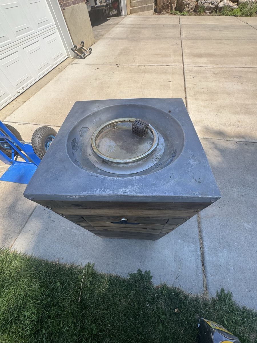 Square Outdoor Fire Pit with Wood looking Base  - Gas Fueled, Includes Fire Glass