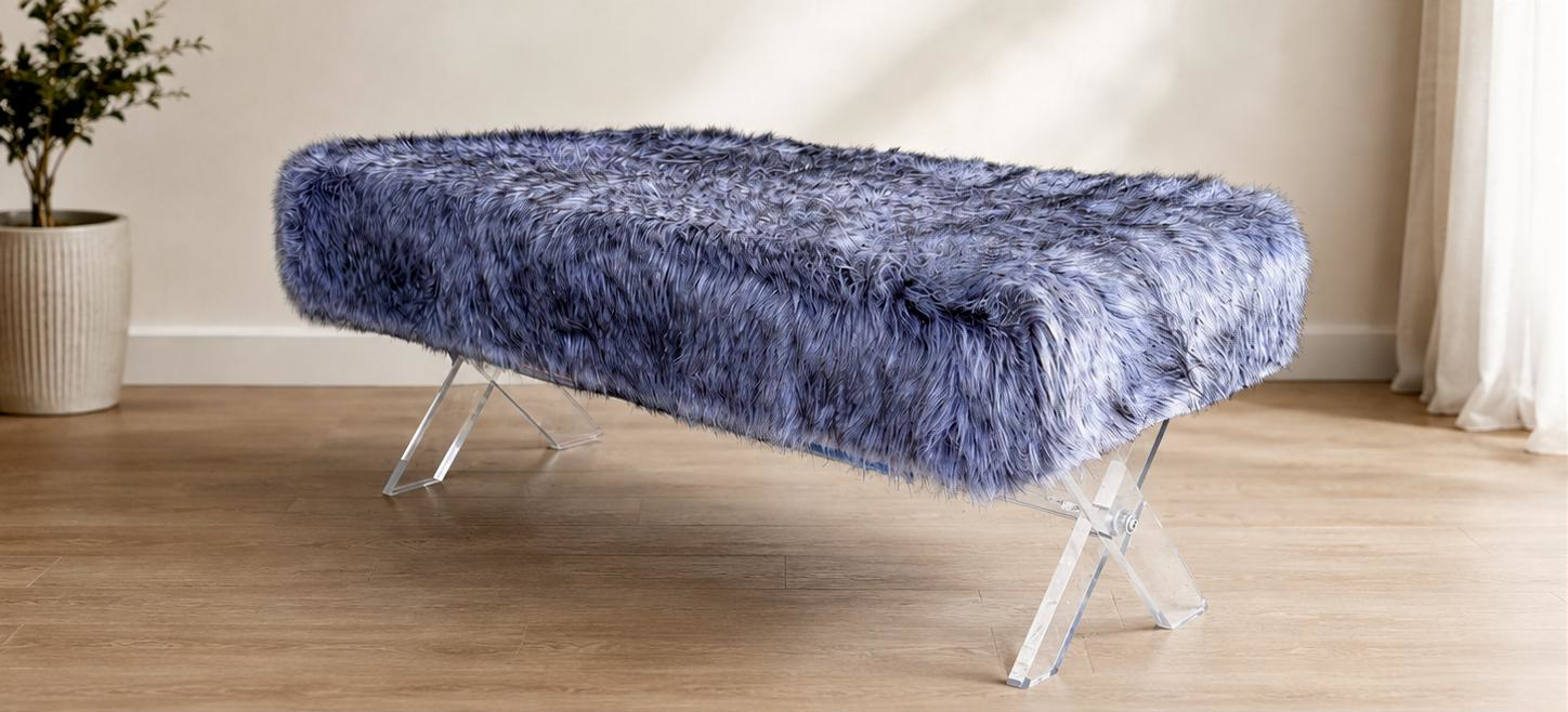 Glam Faux Fur Bench with Clear Acrylic Legs – Statement Piece