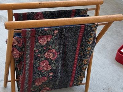 Vintage Wooden Magazine Rack with Floral Fabric Sling - Collapsible Storage