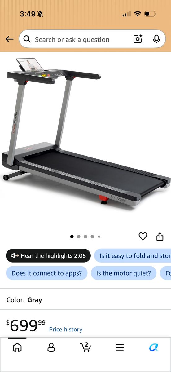 Sunny Health & Fitness SF-T723030 Smart Treadmill - Gray, 20" x 53" Running Surface