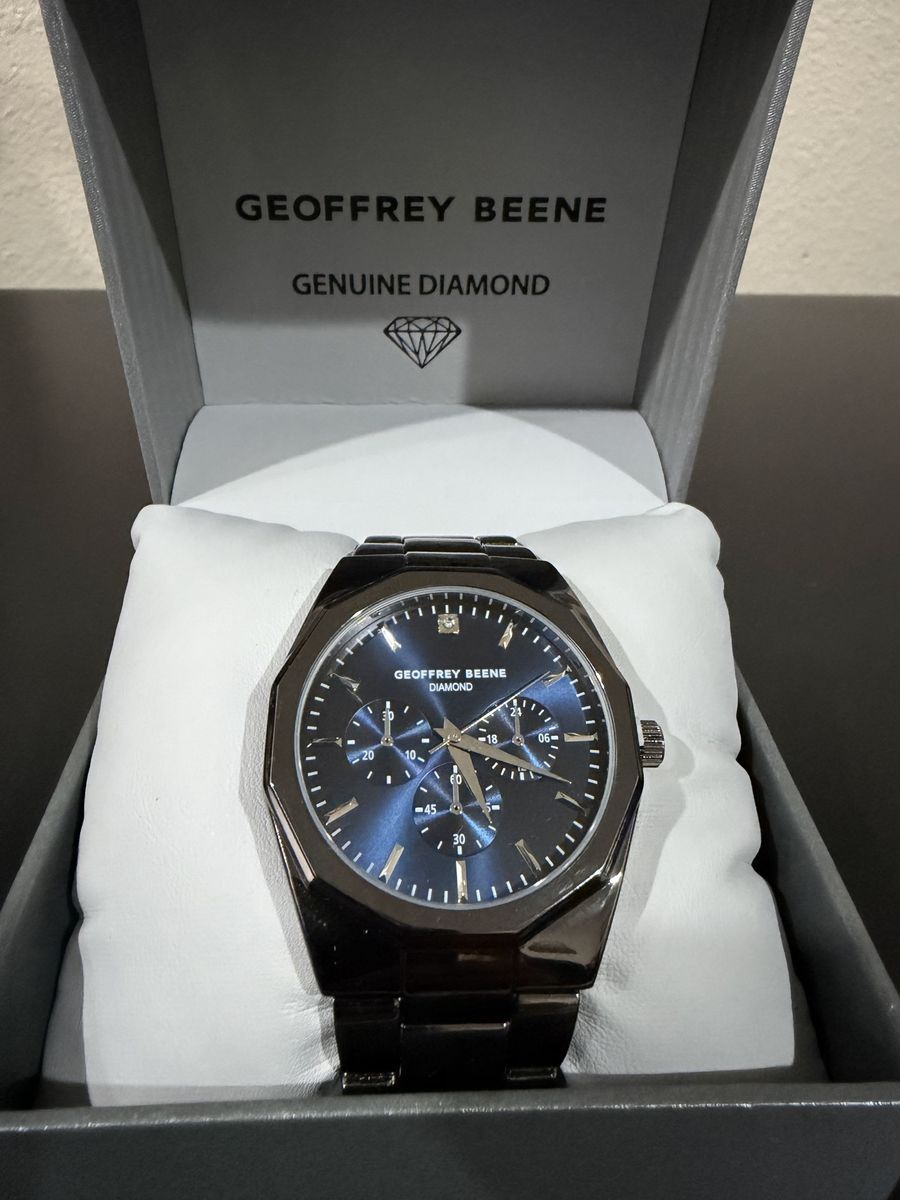 Geoffrey Beene Genuine Diamond Men's Watch - Blue Dial, Black Octagonal Case, New in Box