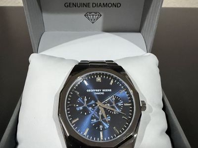 Geoffrey Beene Genuine Diamond Men's Watch - Blue Dial, Black Octagonal Case, New in Box