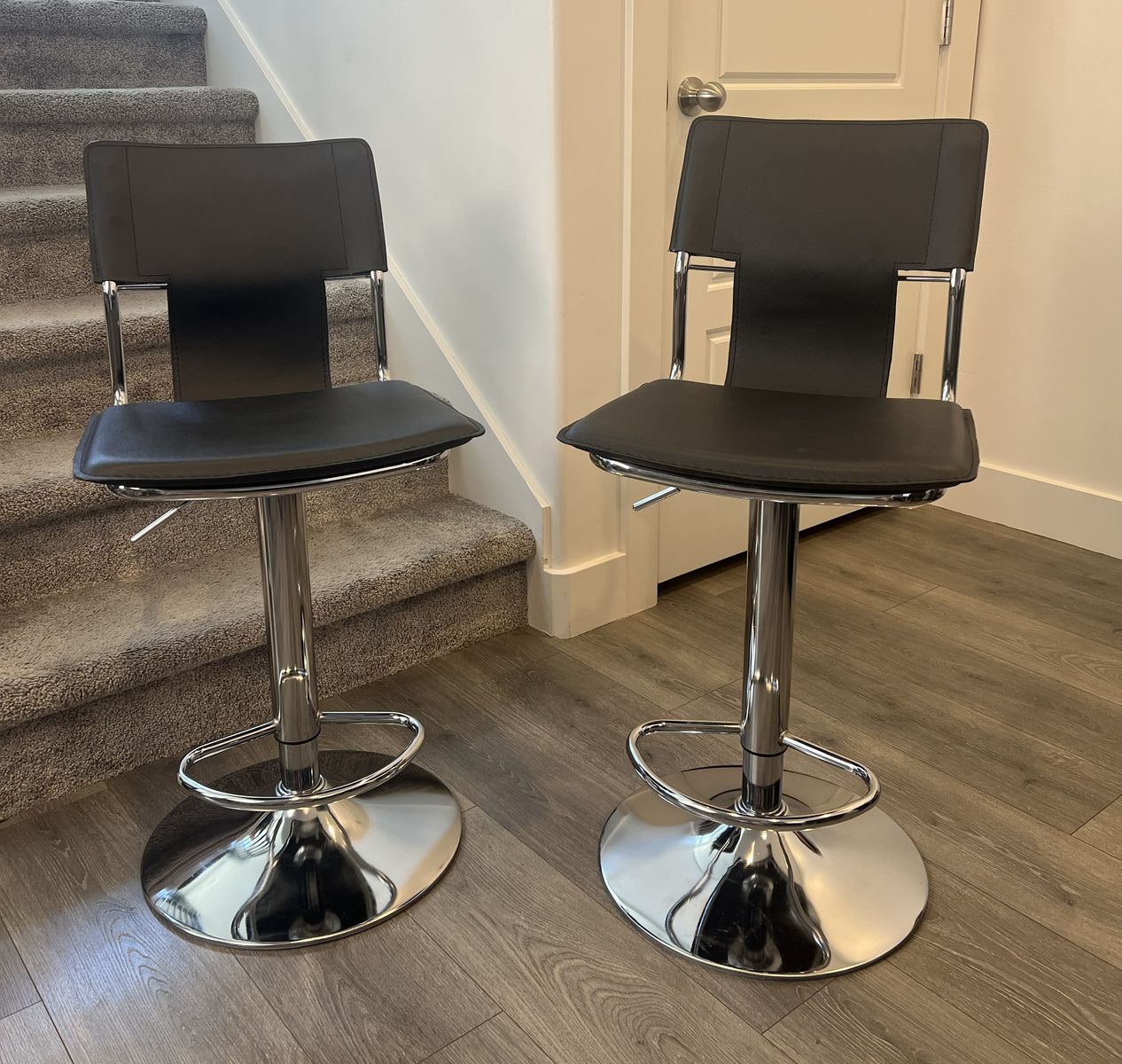 Bar Stools | Set of 2 | Adjustable Height | Black Faux Leather | Chrome Base