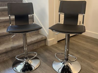 Bar Stools | Set of 2 | Adjustable Height | Black Faux Leather | Chrome Base