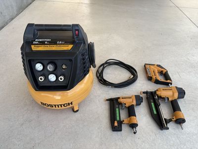 BOSTITCH 150 PSI 6-Gallon Air Compressor Kit with 3 Nail Guns & Hose