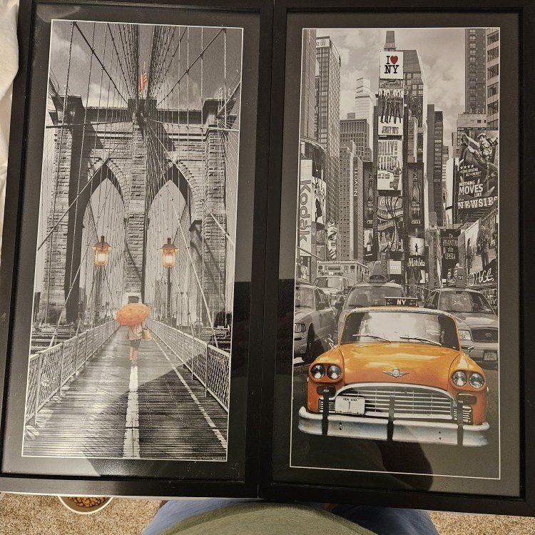 Set of 2 Framed New York City Photography Prints - Brooklyn Bridge & Yellow Cab